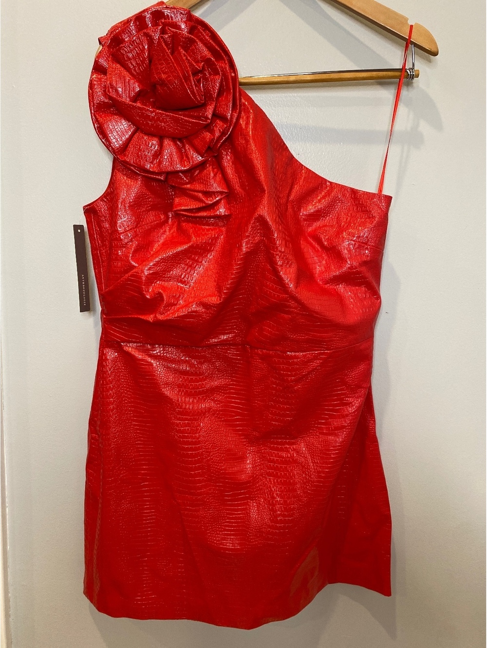 Anthropologie Siempre 3D FLORAL Faux Leather SNAKE Rosette Mini Dress RED large